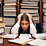 **

A stressed student social worker overwhelmed by stacks of law books and regulations, sitting at a desk piled high with papers. Emphasize the feeling of being lost in information. Use a desaturated color palette to convey anxiety and information overload. Add subtle Russian legal code symbols as background textures.

**