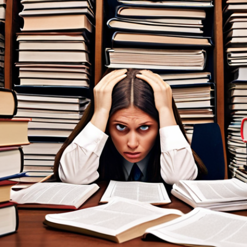 Home 19 **
A stressed student social worker overwhelmed by stacks of law books and regulations, sitting at a desk piled high with papers. Emphasize the feeling of being lost in information. Use a desaturated color palette to convey anxiety and information overload. Add subtle Russian legal code symbols as background textures.
**