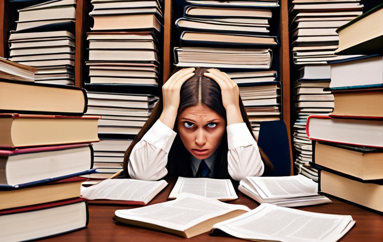 **

A stressed student social worker overwhelmed by stacks of law books and regulations, sitting at a desk piled high with papers. Emphasize the feeling of being lost in information. Use a desaturated color palette to convey anxiety and information overload. Add subtle Russian legal code symbols as background textures.

**