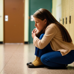 School Social Worker's Compassion**

Prompt: A caring school social worker kneels beside a sad, withdrawn child in a dimly lit school hallway. The scene conveys empathy and trust. The worker has a comforting hand on the child's shoulder. Soft, diffused lighting. Focus on the emotional connection. Background: blurred lockers and classroom doors. Colors: muted tones, with a touch of warmth in the lighting. Style: realistic, emotionally resonant.

**