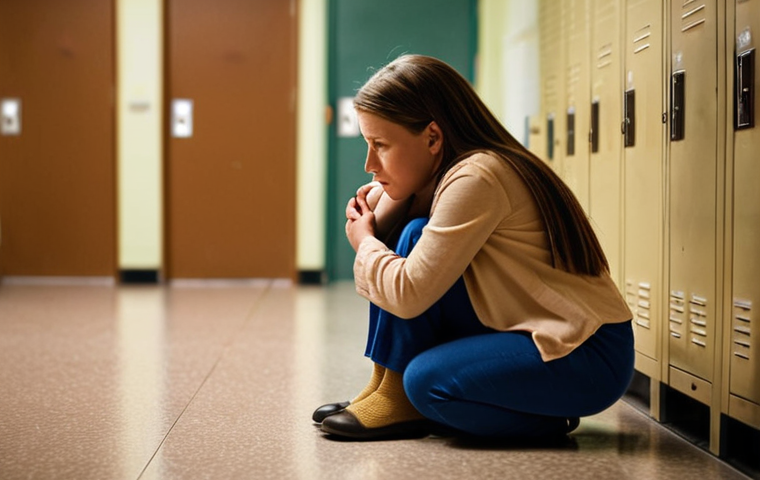 School Social Worker's Compassion**
Prompt: A caring school social worker kneels beside a sad, withdrawn child in a dimly lit school hallway. The scene conveys empathy and trust. The worker has a comforting hand on the child's shoulder. Soft, diffused lighting. Focus on the emotional connection. Background: blurred lockers and classroom doors. Colors: muted tones, with a touch of warmth in the lighting. Style: realistic, emotionally resonant.
**