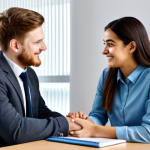 ** A professional social worker in a modest and appropriate business casual outfit, sitting at a desk in a brightly lit, modern school office. The setting should evoke a sense of trust and approachability. The social worker is interacting with a student. Safe for work, appropriate content, fully clothed, professional, perfect anatomy, natural proportions, well-formed hands, proper finger count.

**