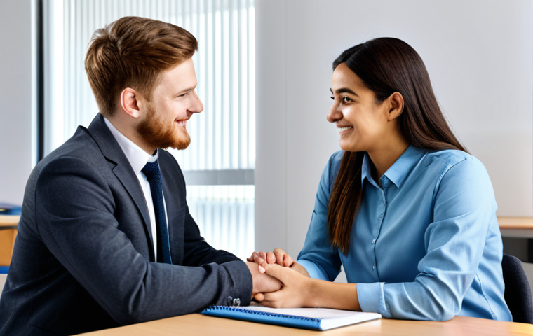 ** A professional social worker in a modest and appropriate business casual outfit, sitting at a desk in a brightly lit, modern school office. The setting should evoke a sense of trust and approachability. The social worker is interacting with a student. Safe for work, appropriate content, fully clothed, professional, perfect anatomy, natural proportions, well-formed hands, proper finger count.
**