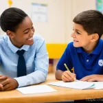 학교사회복지사와 교육복지사의 역할 비교 - **Prompt for School Social Worker Theme:**
    "A compassionate school social worker, a woman in her...