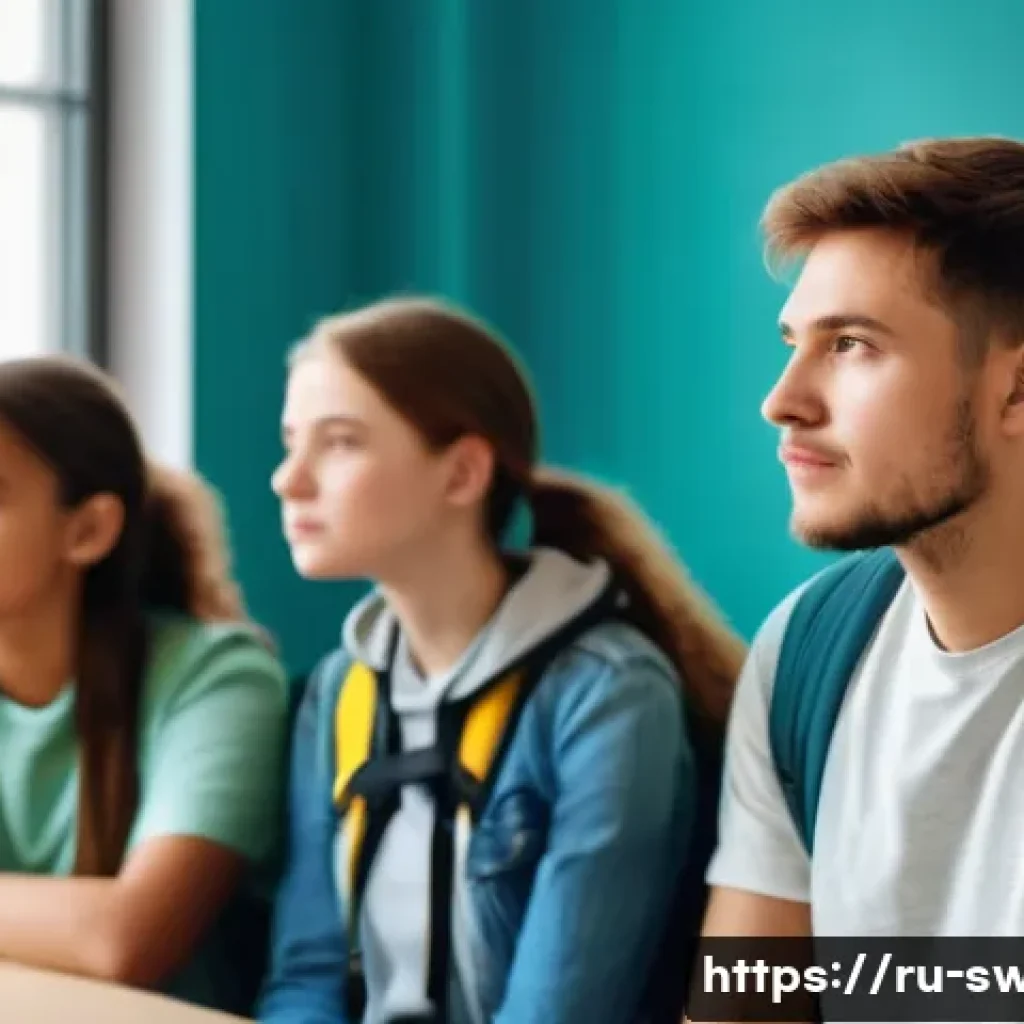 학교사회복지사 관련 필수 중점 과목 - A compassionate social worker attentively listening to a diverse group of Russian teenagers in a mod...