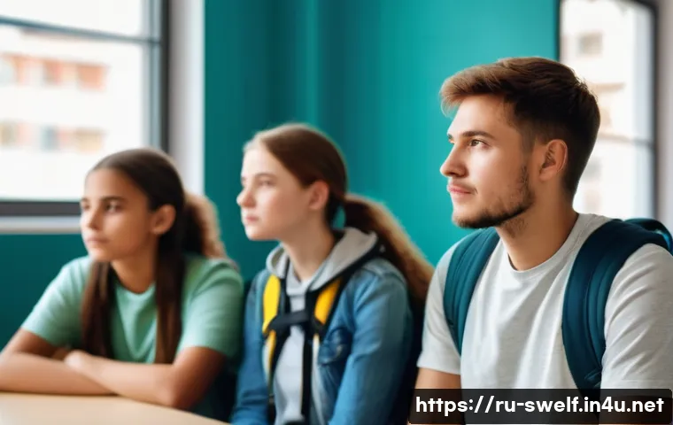 학교사회복지사 관련 필수 중점 과목 - A compassionate social worker attentively listening to a diverse group of Russian teenagers in a mod...