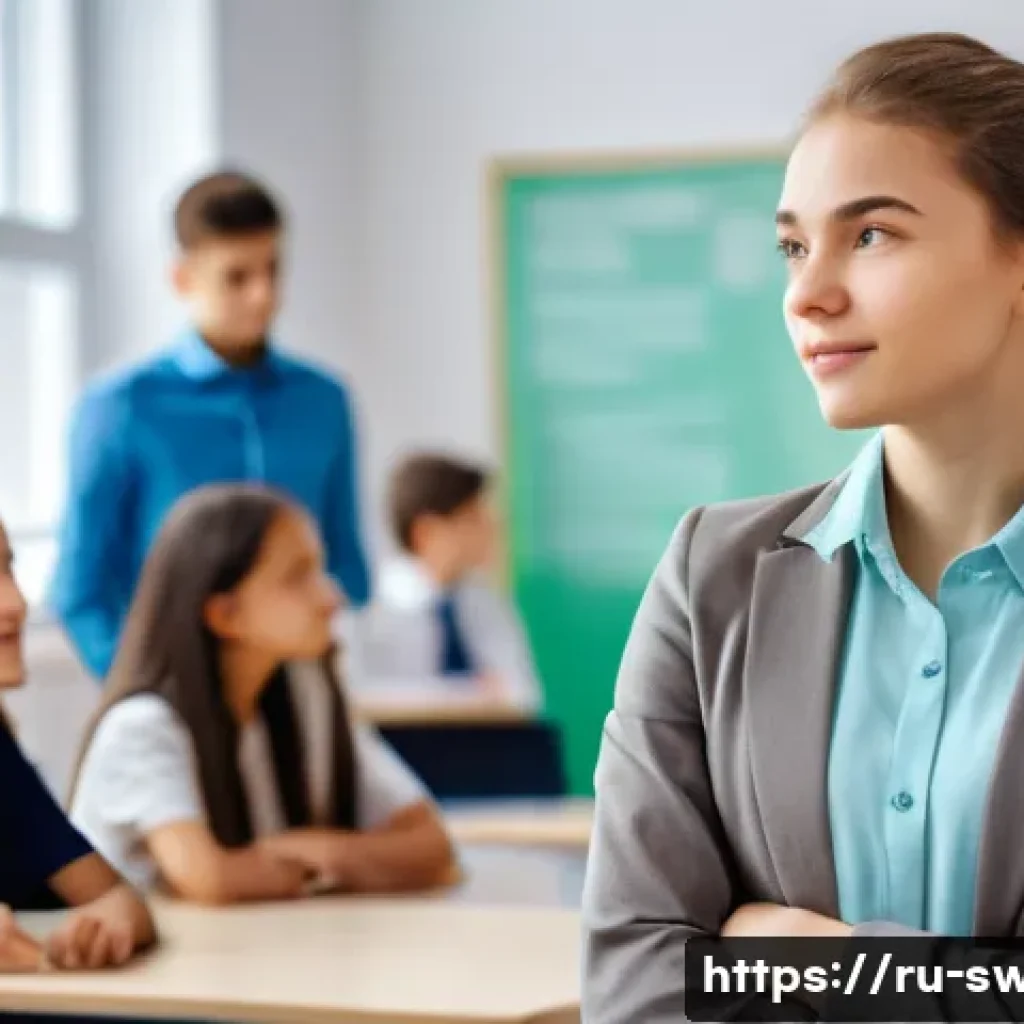 학교사회복지사 경력 개발 계획 - A professional social worker in a modern Russian school environment, wearing business casual attire ...