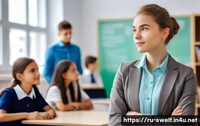 학교사회복지사 경력 개발 계획 - A professional social worker in a modern Russian school environment, wearing business casual attire ...