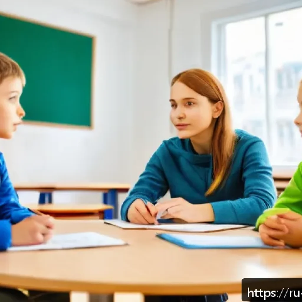 학교사회복지사 자격 취득 가이드 - A compassionate Russian school social worker in a bright classroom setting, attentively listening to...