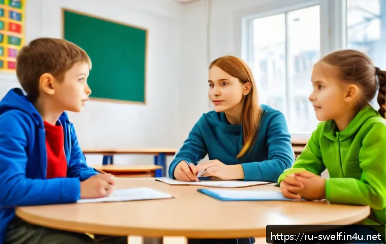 학교사회복지사 자격 취득 가이드 - A compassionate Russian school social worker in a bright classroom setting, attentively listening to...