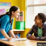Home 22 학교사회복지사와 일반 사회복지사의 차이점 - A compassionate school social worker engaging warmly with a diverse group of students in a bright, m...