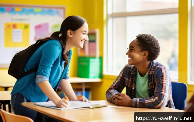 학교사회복지사와 일반 사회복지사의 차이점 - A compassionate school social worker engaging warmly with a diverse group of students in a bright, m...