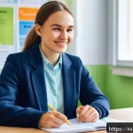 Home 20 학교사회복지사 근속 연수의 중요성 - A compassionate and experienced social worker in a modern Russian school setting, warmly engaging wi...
