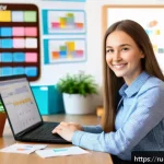 Home 19 학교사회복지사 블로그 운영 방법 - A compassionate Russian school social worker in a cozy, well-lit office setting, sitting at a wooden...