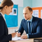 Home 18 학교사회복지사 연봉 협상 팁 - A professional social worker in a modern Russian urban school setting, wearing modest business attir...