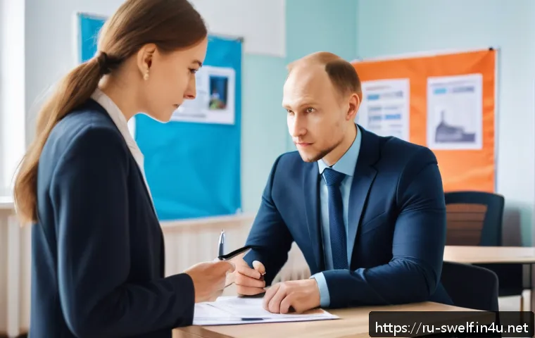 학교사회복지사 연봉 협상 팁 - A professional social worker in a modern Russian urban school setting, wearing modest business attir...